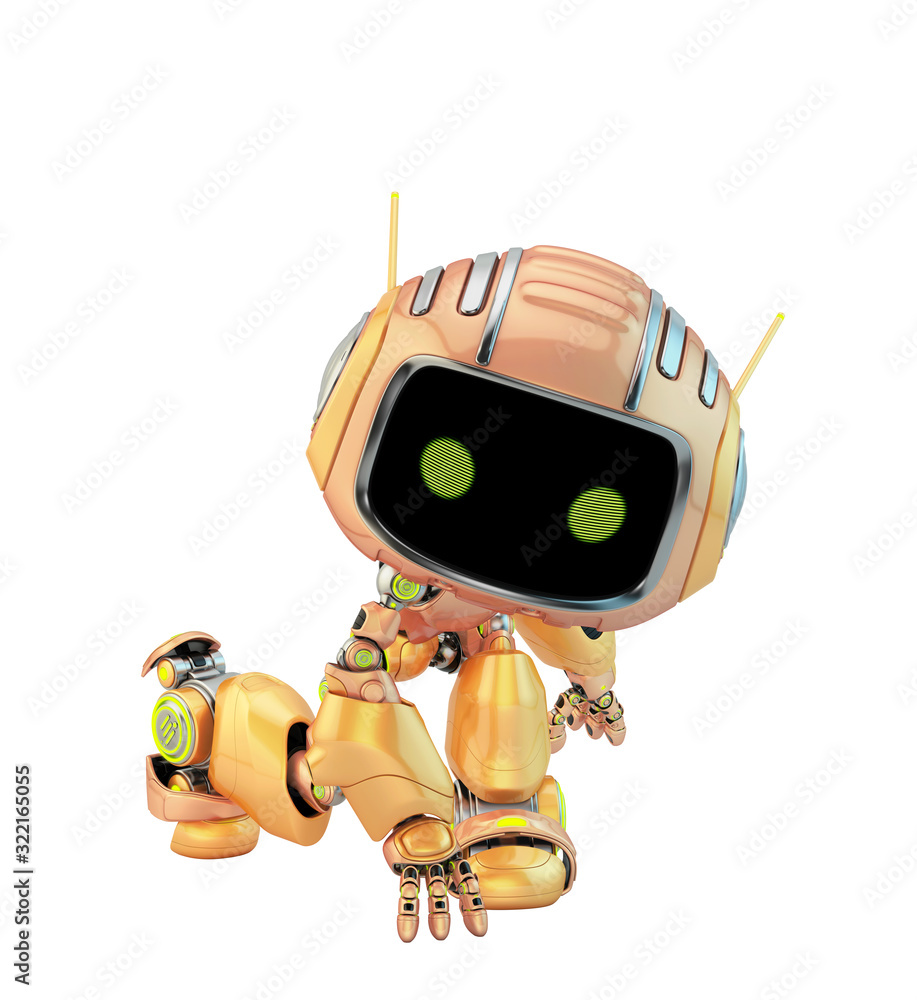 Poster orange robotic toy with digital eyes in a squat hero pose, 3d rendering in upper view