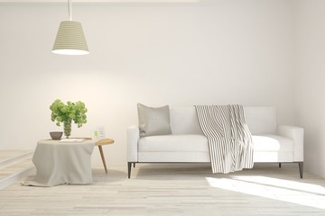 Stylish room in white color with sofa. Scandinavian interior design. 3D illustration