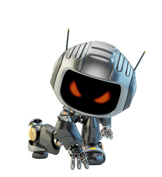 Black angry robotic toy with red digital eyes in a squat hero pose, 3d rendering