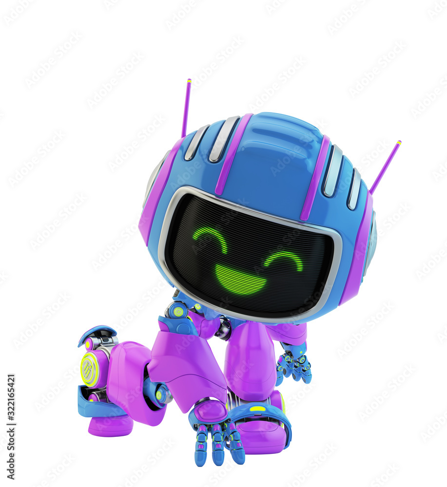Poster blue-violet robotic toy with green digital smiling face in a squat hero pose, 3d rendering in upper 