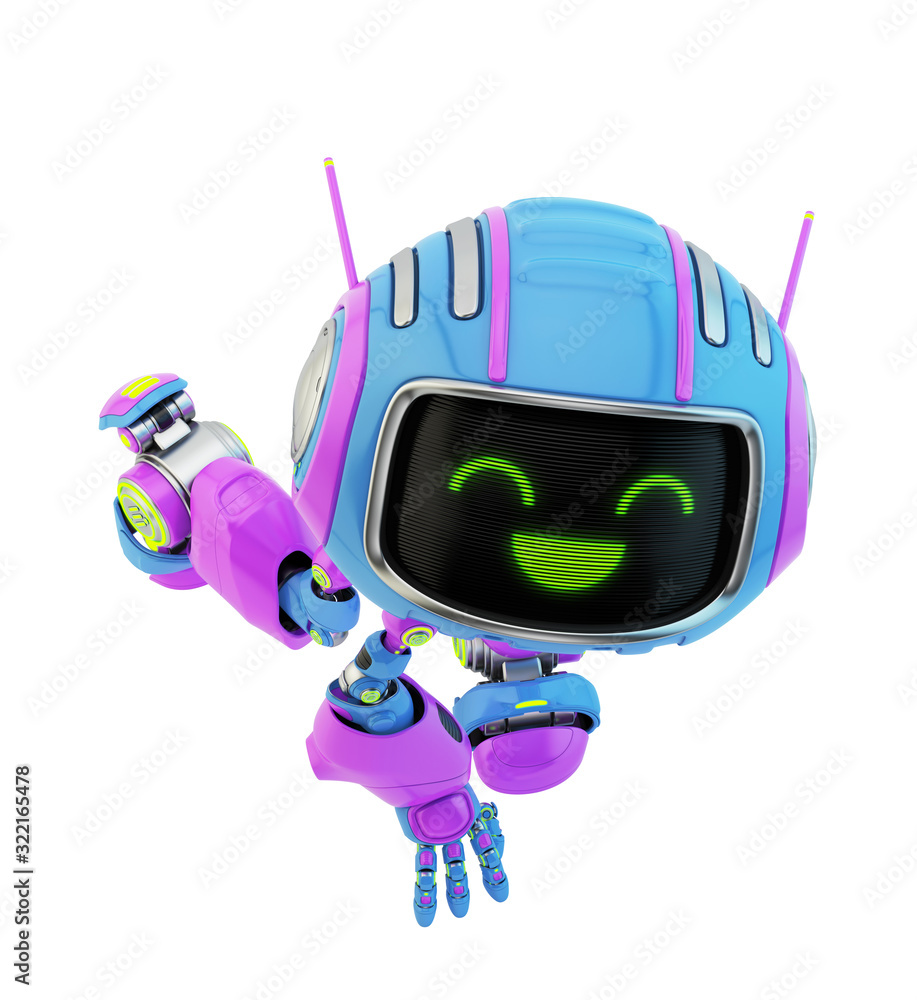 Poster blue-violet robotic toy with green digital smiling face in a squat hero pose, 3d rendering in upper 