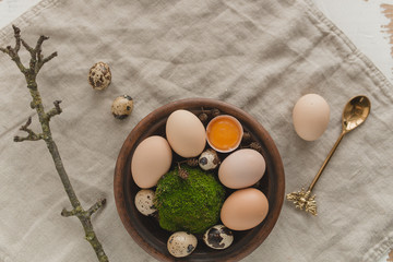 Fototapeta na wymiar Chicken and quail eggs in a clay plate with moss and branches. Organic farm product on rustic background.