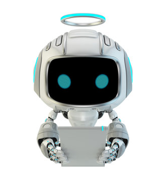 Friendly robotic angel toy with halo. This cute aerial bot is holding blank digital board/tablet. 3d rendering with free space for your ad