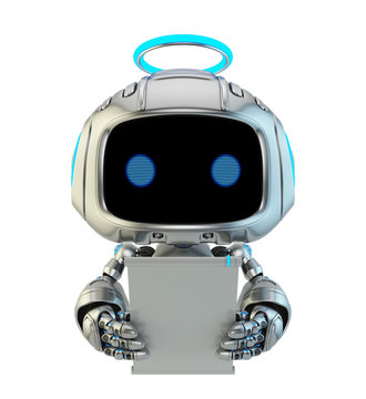 Friendly robotic angel toy with halo. This cute aerial bot is holding blank digital board/tablet. 3d rendering with free space for your ad