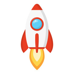 Rocket ship in a cartoon style isolated on white background. Space rocket launch. Project start up and development process. Innovation product, creative idea. Vector illustration for any design.