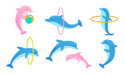 Set of colorful playful dolphins performing tricks with ring and ball. Vector illustration in flat cartoon style.