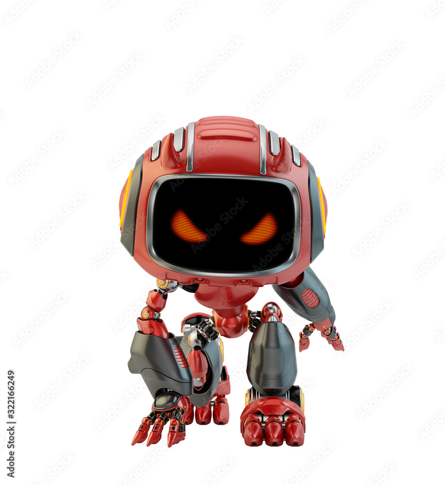Poster smart red little robotic devil in a squat hero pose, 3d rendering