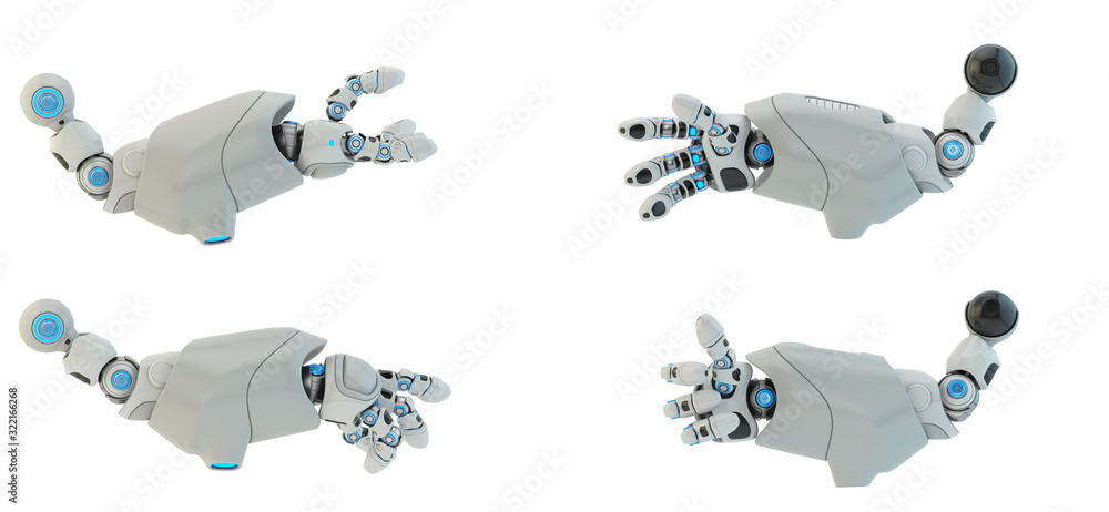 Poster cute gesturing robotic arms, 3d rendering showing different signs