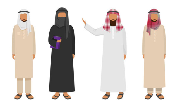 Set of Muslim Arabic men wearing traditional ethnic clothing. Vector illustration in flat cartoon style.