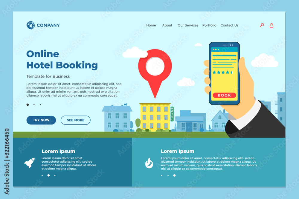 Poster hand holding smartphone with rating review at hotel search and booking online landing page. mobile a