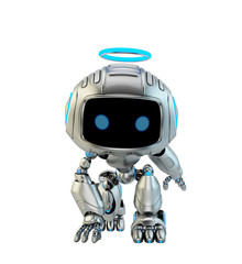 Silver robotic angel toy with blue halo in a squat hero pose, 3d rendering