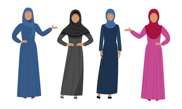 Set of Muslim Arabic women wearing traditional ethnic clothing. Vector illustration in flat cartoon style.