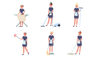 Set of maid posing in different actions. Vector illustration in flat cartoon style.