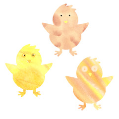 Cute, fluffy, yellow and orange easter chickens in picturesque stains. Watercolor hand drawn illustration