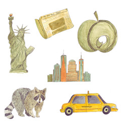 A set of elements from one of the cities popular with tourists. Watercolor hand drawn illustration