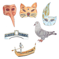 A set of elements from one of the cities popular with tourists. Watercolor hand drawn illustration