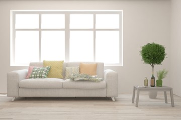 Stylish room in white color with sofa. Scandinavian interior design. 3D illustration