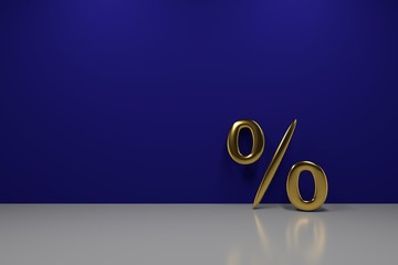 Discount announcement. Golden percent sign in a blue room with empty place for information. 3D render.