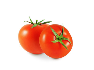 Red ripe tomatos with green sepals isolated on white background
