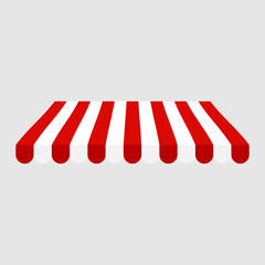 Awning isolated on white background. Striped red and white sunshade for shops, cafes and street restaurants. Outside canopy from the sun. Vector illustration