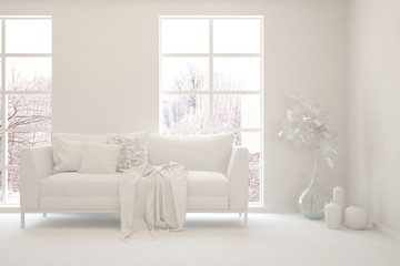 Mock up of stylish room in white color with sofa and winter landscape in window. Scandinavian interior design. 3D illustration