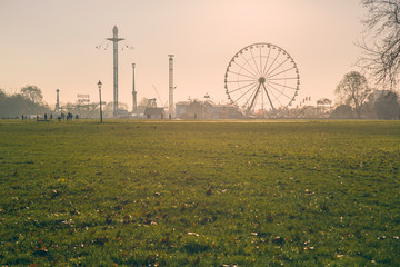 Theme park background morning winter in a grass field 
