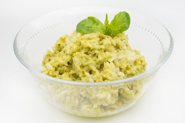 Traditional Mexican Arroz Verde green rice dish made of long-grain rice, spinach, cilantro and garlic