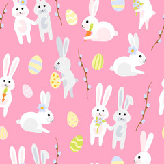 seamless Easter pattern of bunny with carrots, eggs, flowers. Vector cute characters in the style of hand-drawn flat pastel colors. suitable for decoration, packaging paper, textile