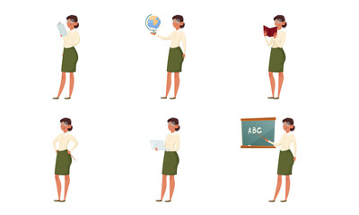 Colorful set of the school teacher. Vector illustration in flat cartoon style