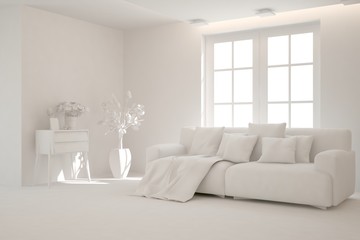 Mock up of stylish room in white color with sofa. Scandinavian interior design. 3D illustration