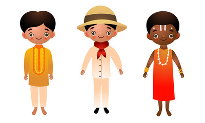 Set of different nationality men wearing traditional ethnic clothing. Vector illustration in flat cartoon style.