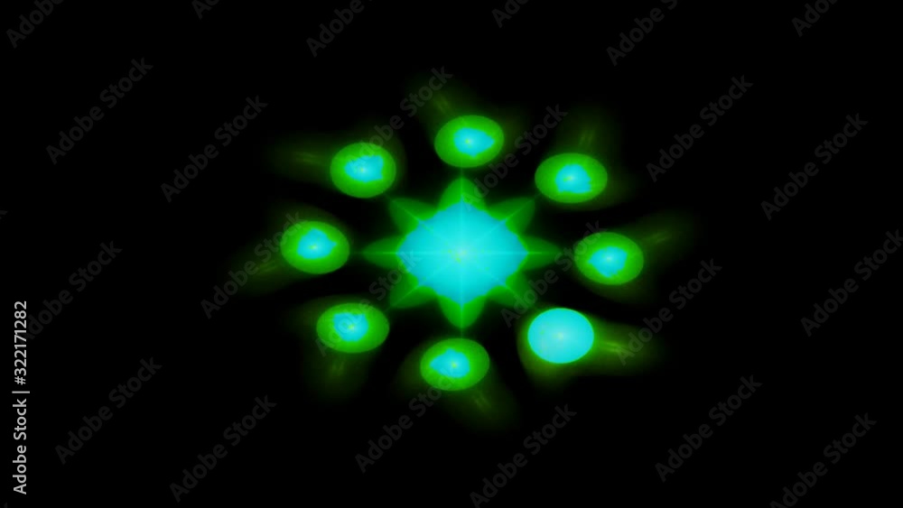Poster glowing circular elements forming conical shaped figures placed in rows on black background, seamles