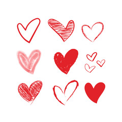 Vector hearts set. Different red hand drawn hearts. 
