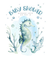sea animals aquarium baby shower poster. Blue watercolor ocean fish, turtle, whale and coral. Shell aquarium background. Nautical marine illustration
