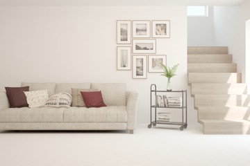 Stylish room in white color with sofa. Scandinavian interior design. 3D illustration