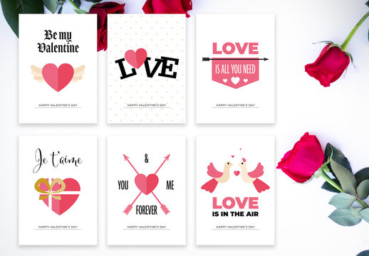 Valentine's Day Postcard Layout Set with Pink Illustrations