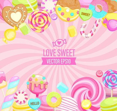 Love Sweet shop logo, with many sweets and place for text. Sunburst background with candy,macaroon,bonbon,lollypops,marshmallow,jellybean,candy cane, biscuit. Template for banner, menu,flyers. Vector.