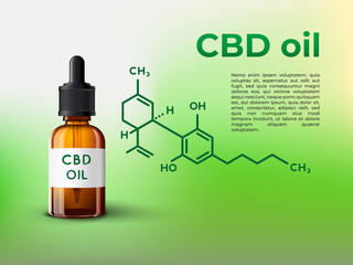 Cbd oil bottle infographic illsutration with CBD molecule and place for your text