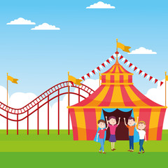 Obraz premium cartoon people in the fair over fair tent and roller coaster