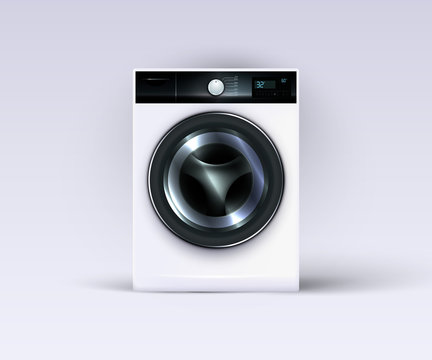 Realistic 3d modern wash machine isolated. High detailed laundry machine with shadows, light glow effects.