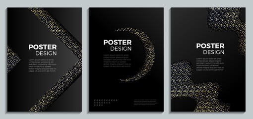 Set of black and gold design templates with rhinestones for brochures, flyers, mobile technologies, applications and online services, social networks, banners. Abstract modern backgrounds.