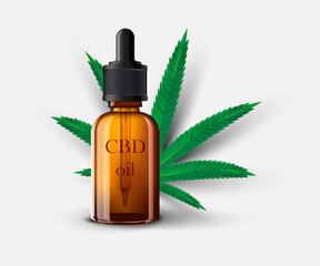 CBD glass oil bottle template with cannabis leaf on background