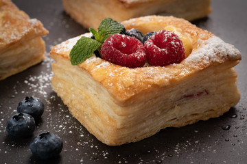 Puff Pastry with Raspberries and Fresh Mint Leaves