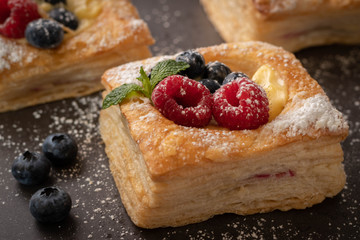 Fruit Tart with Berries and Mint Leaves Dessert