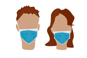 Set of man in a medical mask isolated on white background. Air pollution face masks. Man and woman wearing medical virus epidemic mask, coronavirus protection and healthcare. Stock vector illustration