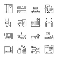 Home room vector line icons set. Types of rooms and premises in the house. Concept for web banners and printed materials.
