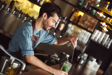 Making Drink. Bartender standing at counter mixing mojito smiling cheerful
