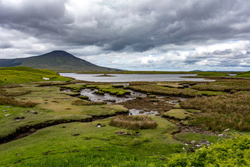 Landscape in ireland in the peat hill under grey cloudy sky