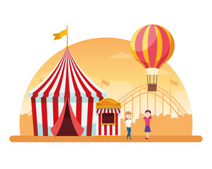 Fototapeta premium cartoon happy eomrn and fair tent and ticket both