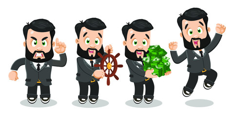 Set of bearded businessman in formal suit in different mood and poses. Successful brunet man is angry, keeping steering wheel like leader, lots of money, jumping for joy. Cartoon vector on white.